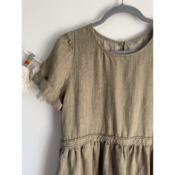 100% Linen Pinstripe Green Puff Sleeve Gathered Midi Shirtdress Coastal Beachy S - Picture 5 of 9